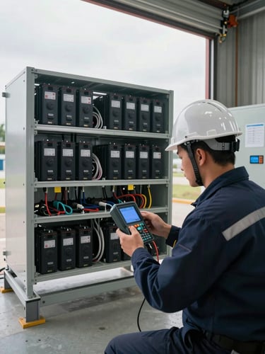 Wide shot of a technician in a hard hat reading a handheld instrument at a battery bank installation — rows of rack-mounted battery modules behind, conduit runs visible, overcast daylight from an open bay door, instrument display readable in foreground