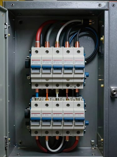 Close-up of industrial electrical switchgear internals — busbars, circuit breakers, and cable terminations under studio strobe lighting, sharp focus on copper connections and labelled breaker handles, dark steel cabinet frame visible at edges, no people