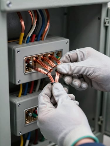 Close-up of a technician's gloved hands terminating heavy-gauge copper cables inside an industrial electrical panel, studio strobe lighting revealing precise color-coded wiring and neat conduit entry points, dark grey enclosure interior, no faces visible