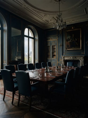 Cinematic wide angle of an empty high-end Parisian boardroom on the Champs-Élysées, dramatic chiaroscuro lighting filtering through tall historic windows, deep navy shadows and muted gold wooden panels, sober editorial photography, 35mm film.