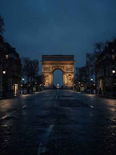 Sober editorial photography of the Avenue des Champs-Élysées at twilight, dramatic low-key lighting, deep navy and muted gold tones, cinematic 35mm film, looking up towards the Arc de Triomphe, empty street, absolute prestige.