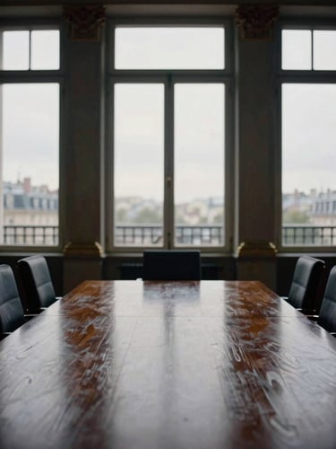 An empty high-end Parisian boardroom with tall windows, soft overcast daylight casting long shadows on a large mahogany table, sober editorial photography, cinematic 35mm film