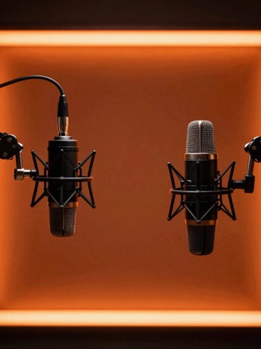 Behind-the-scenes of a moody podcast studio setup in Hyderabad, glowing orange neon backlighting, high-end microphones on arms, cinematic key lighting, 35mm lens
