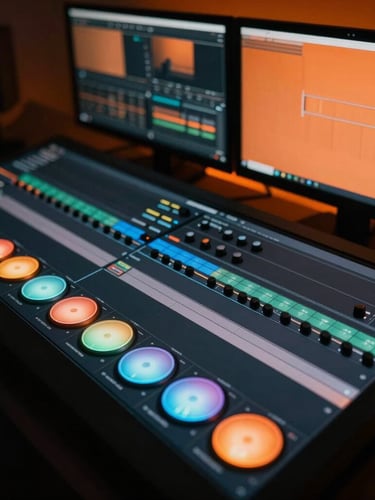 Close-up of a high-end video editing timeline on a dual-monitor setup, glowing color-grading wheels, dramatic orange ambient light, sharp focus.