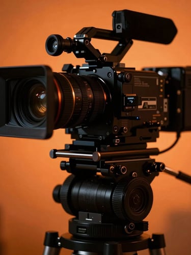Cinematic close-up of a high-end cinema camera on a gimbal, moody orange backlighting, deep shadows, sharp focus, 35mm lens
