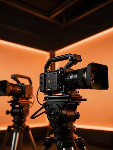 Low-angle cinematic shot of a modern production studio in Hyderabad, high-end RED cameras on gimbals, glowing orange neon backlighting, deep shadows, 35mm lens.