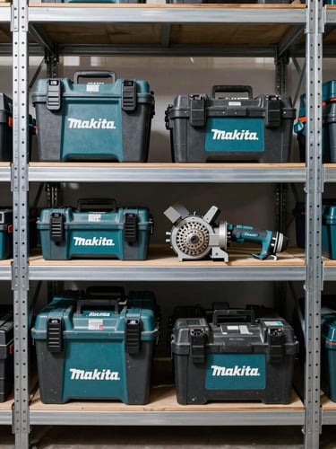 A straight-on, high-contrast shot of stacked Makita power tool boxes and heavy-duty industrial grinders organized on clean steel warehouse shelves, bright daylight.