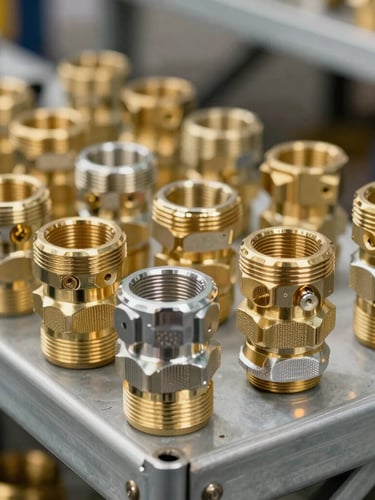 Close-up high-resolution shot of brass and aluminium camlock couplings arranged in clean rows on a metal warehouse shelf, bright industrial lighting.