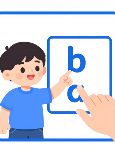 Portrait illustration of a child happily pointing to letters on a phonics card, with a teacher's hand gently guiding, clean and bright, systematic phonics elements visible.