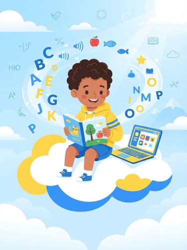 Bright vector illustration of a happy child with light brown skin and dark hair reading a book, surrounded by floating alphabets and phonics elements, clean and modern educational aesthetic, primary blue and sunny yellow accents, high-key daylight, sitting on a stylized cloud with a laptop.