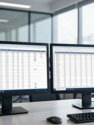 Macro shot of dual-monitor setups showing complex financial data tables in a clean, daylight-filled Bengaluru corporate office, 35mm crisp photography