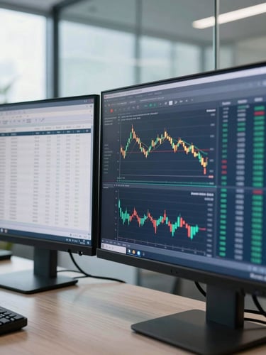 Macro close-up of dual-monitor setups displaying complex data tables and financial charts in a clean Bengaluru office, cool daylight, glass reflections