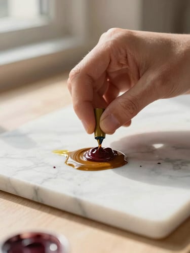 Close-up of artist hands mixing raw lapis and sienna pigments with oil on a marble slab, soft directional north daylight, shallow depth of field