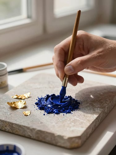 Hands of an artist mixing natural lapis lazuli pigment on a stone slab, soft directional window light, gold leaf fragments nearby, 35mm