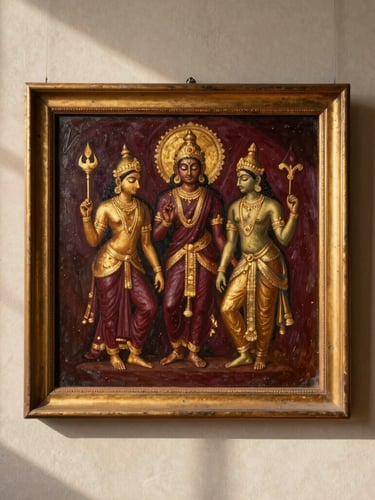 A straight-on museum-style framed oil painting of classical Indian mythology, hanging on a textured parchment wall under soft directional daylight, showing rich gold leaf details and deep maroon brushstrokes.