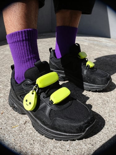 Extreme close-up of chunky black sneakers with vibrant purple socks and stacked lime yellow shoe charms on concrete, harsh direct sunlight with sharp dramatic shadows, raw urban aesthetic, wide-angle lens.
