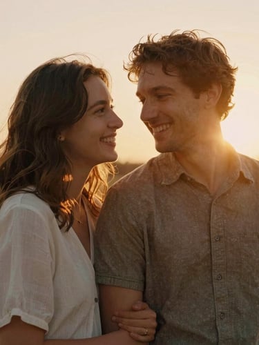 Candid portrait of a couple leaning against each other under a warm golden sunset, genuine smiles, authentic interaction, 35mm film aesthetic