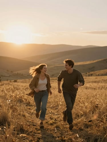 Candid wide shot of a couple running through a golden valley at sunset, laughing, wind-blown hair, warm sun flares, 35mm film aesthetic