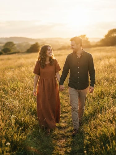 A couple walking hand-in-hand through a golden hour field, warm sun-drenched backlight, soft natural flare, candid interaction, 35mm film aesthetic