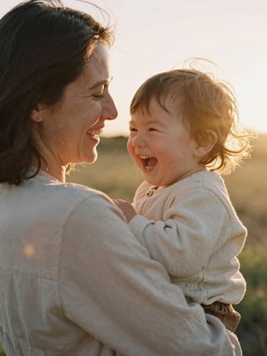 A mother holding her toddler close, both laughing under a warm golden-hour sun, soft natural flare, wind-blown hair, 35mm film aesthetic