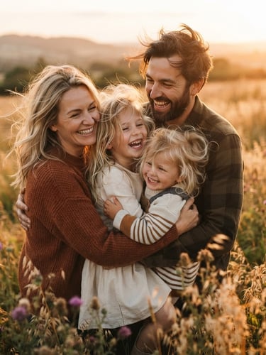 Close-up of a candid family hug in a warm sun-drenched field at golden hour, wind-blown hair, authentic smiles, 35mm film aesthetic