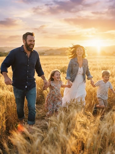 Cinematic wide shot of a family of four running through a golden California wheat field at sunset, backlit warm flares, candid laughter, 35mm film aesthetic