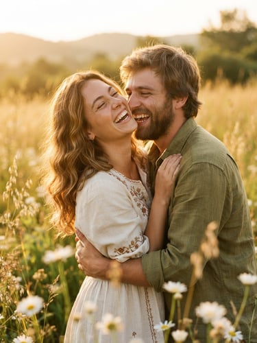A candid, close-up shot of a couple laughing together in a meadow, warm golden hour sun-drenched backlight, soft earthy tones, 35mm film aesthetic, shallow depth of field