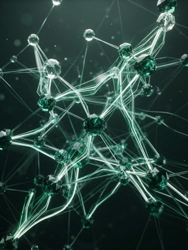 Abstract geometric 3D render of interconnected glass nodes representing secure data flow, deep green and white palette, soft studio lighting, sharp focus