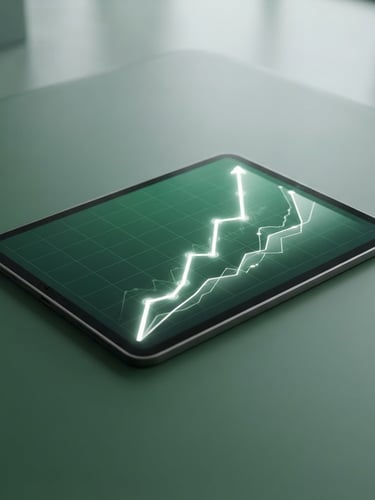 Clean minimalist 3D render of a high-contrast digital tablet displaying a rising portfolio graph, soft studio lighting, deep green and white palette, sharp focus, high-end fintech aesthetic