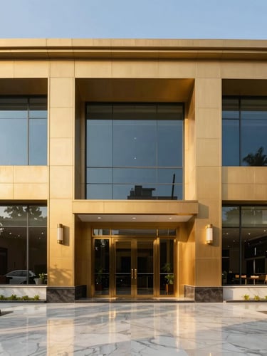 Symmetrical straight-on architectural photograph of a premium corporate office lobby in Gurgaon, warm gold accents, clean polished marble floor