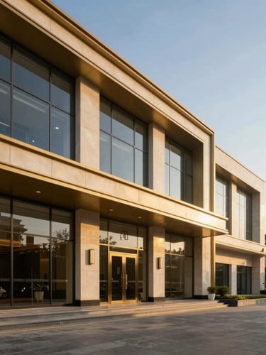 Wide-angle architectural photography of a premium commercial lobby in Gurgaon, warm champagne gold accents, clean structured lines