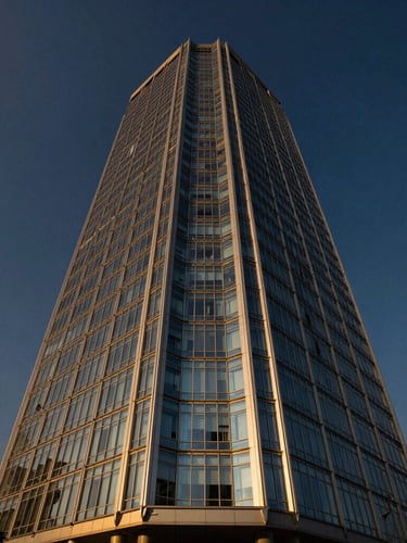 Symmetrical wide-angle architectural photograph of a modern glass high-rise office tower in Gurgaon, captured during golden hour with warm sunlight reflecting off the facade, deep navy sky background.