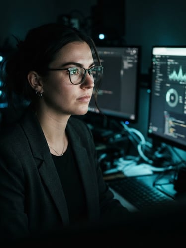 Professional headshot of a data analyst, focused, looking slightly off-camera, in a dark workspace with subtle neon-mint monitor glow, high-contrast, moody tech photography, 35mm lens.