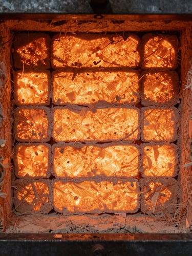 Macro close-up of high-density ceramic fiber refractory lining inside an industrial furnace, glowing orange thermal light reflecting off textured insulation blocks, dark steel frame.