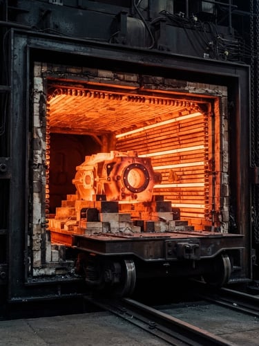 Dramatic high-contrast industrial photography of a massive car-bottom heat treatment furnace chamber with glowing orange heating elements, dark steel frame, sharp focus.