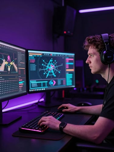Dramatic low-key shot of an esports coach analyzing glowing tactical data screens in a dark room with violet rim light