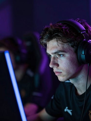 Dramatic close-up portrait of an esports player looking intensely at a glowing monitor, sharp neon cyan and violet rim lighting, deep obsidian shadows, high-contrast digital arena atmosphere.