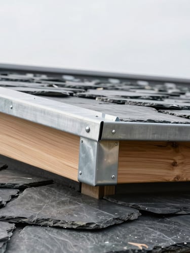 Crisp architectural photography of a modern slate and zinc roof edge, tight framing on hand-folded zinc joints, bright overcast daylight showcasing metal texture, 35mm lens.