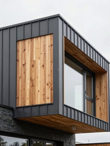 Crisp architectural photograph of a modern residential home featuring dark zinc cladding mixed with warm cedar wood panels, bright overcast daylight, sharp details of material joints, 35mm lens