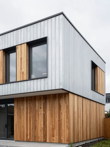 Architectural photograph of a modern residential home featuring premium zinc and wood cladding, crisp daylight, sharp detail, 35mm lens