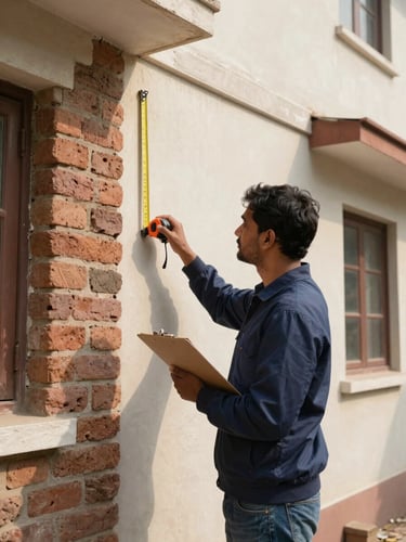 Valuer measuring the exterior wall of a residential building in India with a steel tape measure, clipboard tucked under arm, bright afternoon daylight, raw brick and plaster texture visible, wide environmental framing