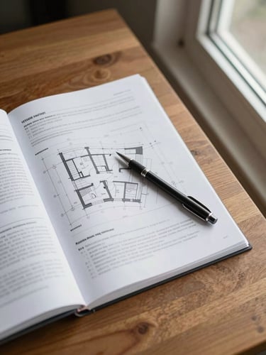 Overhead shot of an open valuation report on a wooden desk, mechanical pencil resting on annotated site plan, natural window light from the right, measurement notes visible but not legible, no people