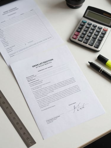 Overhead shot of a valuer's desk with printed sale deed documents, a calculator, and handwritten analysis notes spread across a white surface, natural daylight from the side, ruler and highlighter visible, no faces in frame