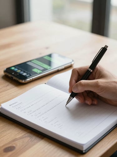 Close shot of a valuer's hand writing property details into a field notebook on a wooden desk, a mobile phone showing a WhatsApp conversation beside it, natural window light, steel pen and ruled paper in sharp focus