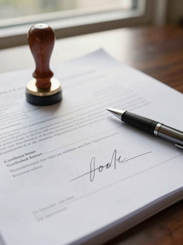 Close-up of a certified valuation report document lying open on a desk, a government seal stamp pressed onto the signature page, natural window light, pen resting beside the document, crisp paper texture visible