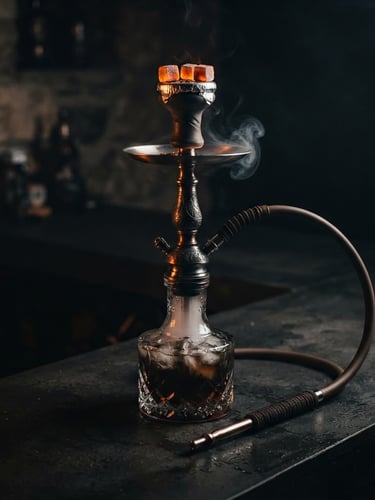Moody low-key product photography of a premium polished hookah setup on a dark charcoal counter, warm amber glow from burning coals, high contrast, sharp focus, 50mm lens
