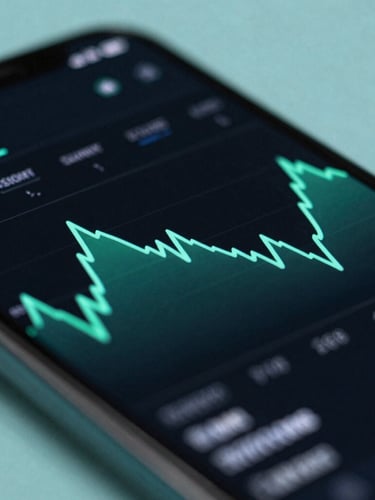 A close-up macro shot of an Android smartphone screen displaying a dark-themed financial dashboard with mint-green line charts. Soft teal backlighting illuminates the sleek bezel.