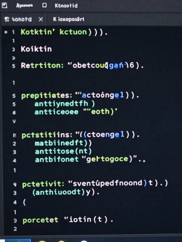 A dark-mode IDE interface showing clean Kotlin code snippets with syntax highlighting in mint green and cool blue. The focus is sharp on the code structure.