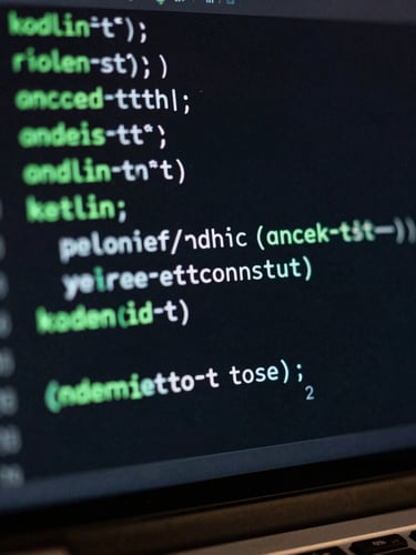 Close-up macro shot of clean Kotlin code in Android Studio on a dark monitor, glowing mint-green syntax highlighting, dark moody background.