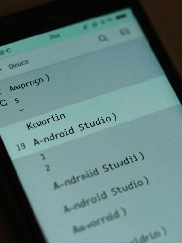Close-up macro shot of an Android device showing a clean Kotlin code snippet in Android Studio, backlit with cool mint-green and slate-blue tones.